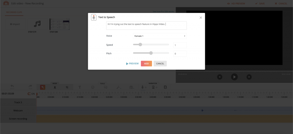 An image showing how you can add text to speech using Hippo Video.