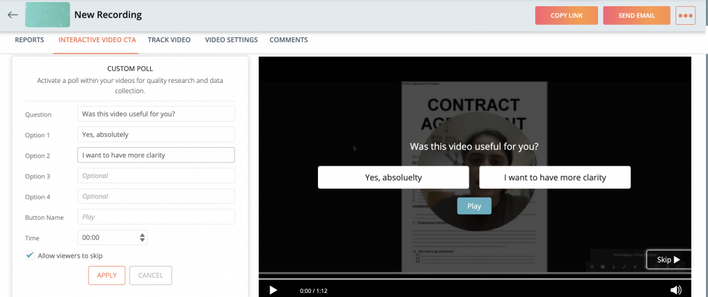 An image from Hippo Video showing how sales reps can use custom polls to collect customer feedback using video.